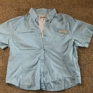 Columbia Petite SZ L Button Down Vented SS shirt Flamingo Bay